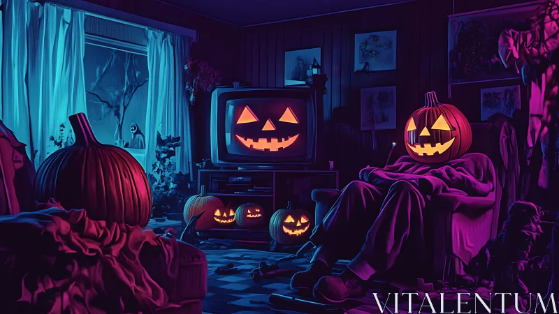 Pumpkin headed figure watches jack o lantern TV glow