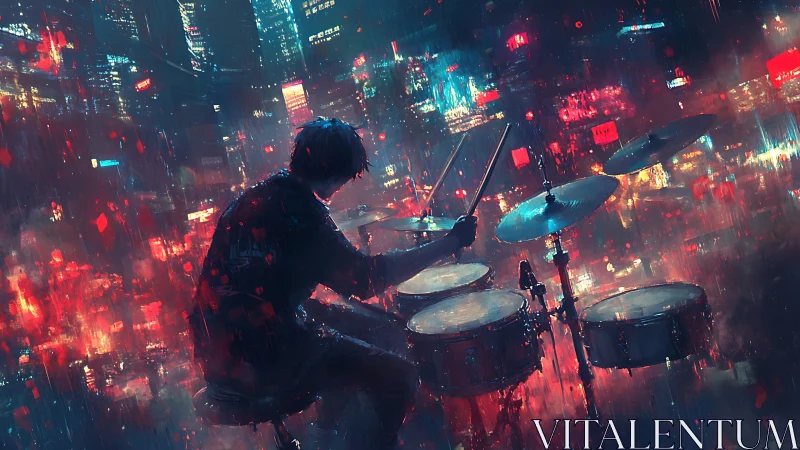 Cyberpunk drummer ignites neon cityscape with rhythmic energy.