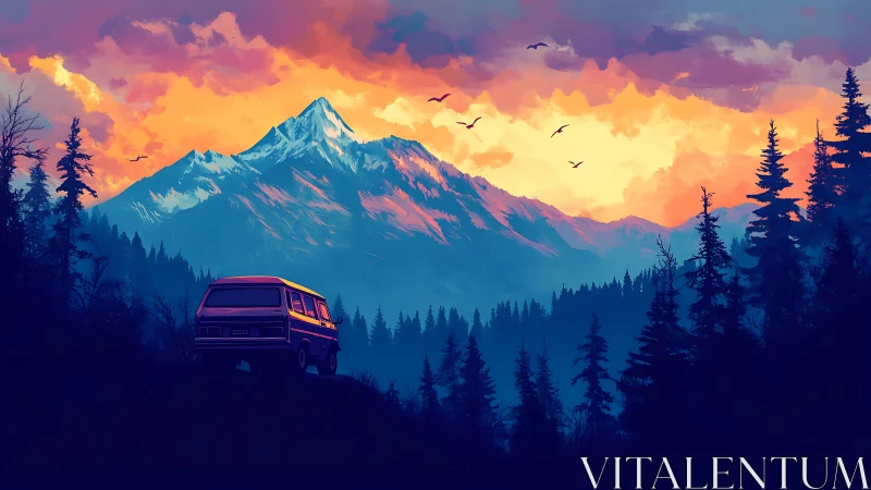 Sunset road trip van rests beneath glowing mountain sky