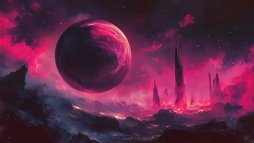 Crimson singularity over volcanic exoplanetary skyline.