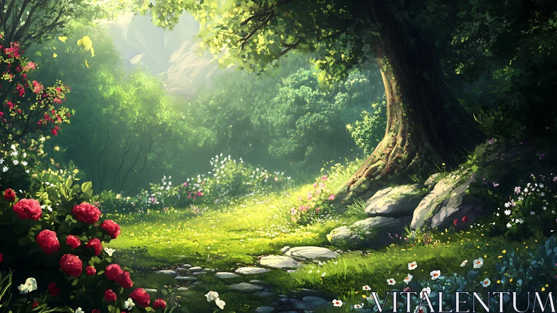 Forest clearing with flowering plants and stone pathway.