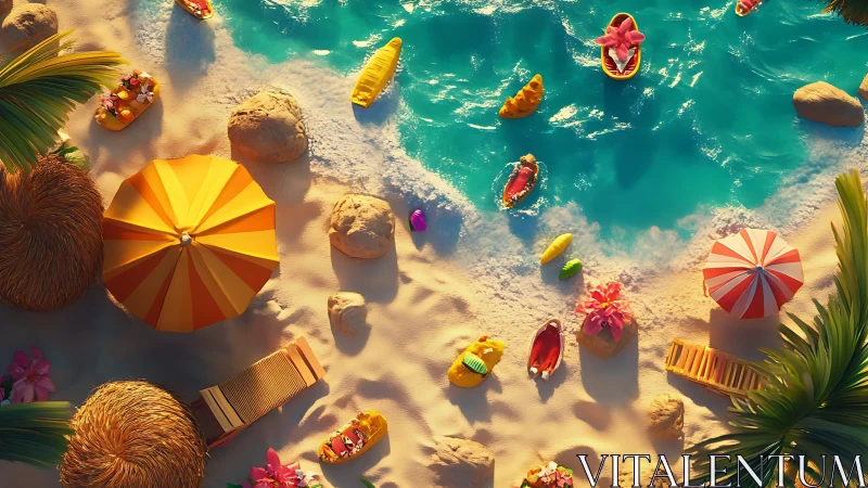 Aerial Beach Scene with Umbrellas, Boats, and Summer Elements