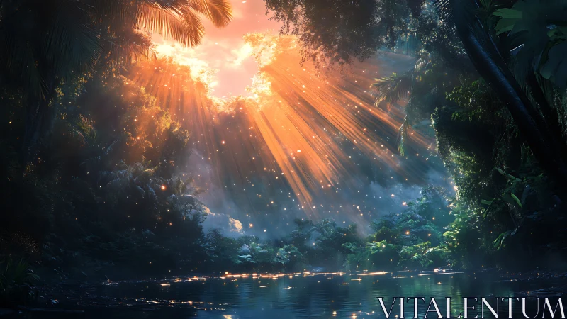 Sunlit jungle river stage welcomes drifting firefly constellations