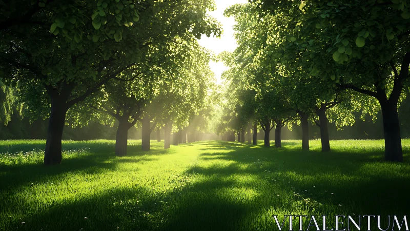 Sunlit tree avenue casts long shadows over lush grass