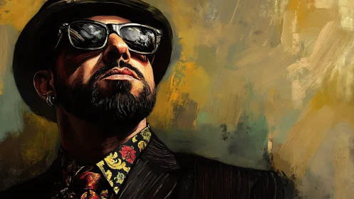 Bearded man in sunglasses against abstract painted backdrop.