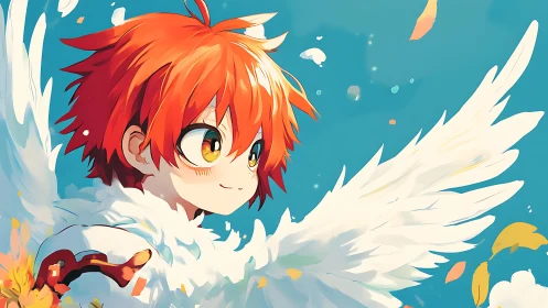 Aerial portrait of red-haired winged child in stylized flight.