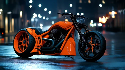 Neon-lit custom pro-street motorcycle on reflective urban asphalt.