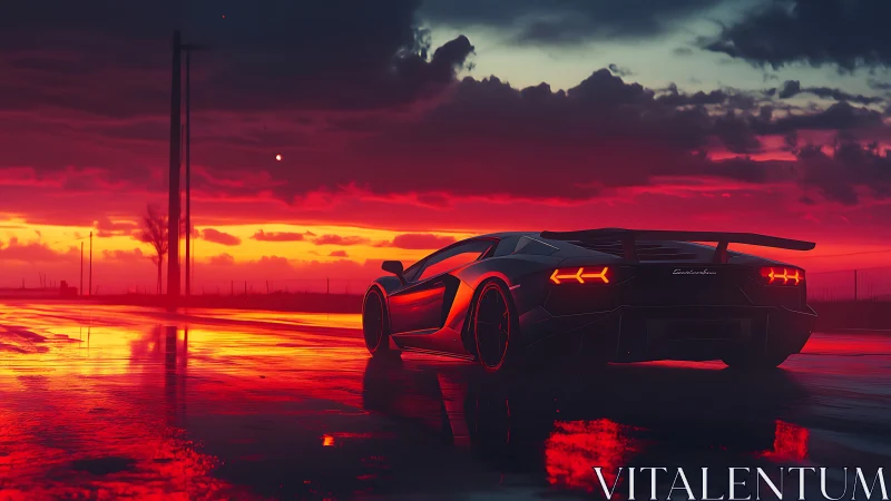 Supercar prowls a neon-soaked highway under stormy sunset skies