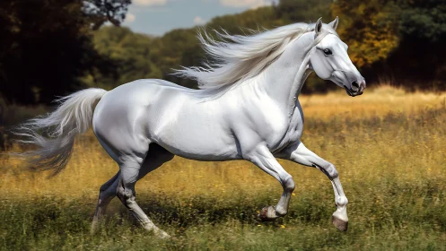 High-speed equine locomotion in sunlit pastoral landscape.