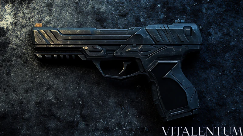Futuristic tactical handgun rests on gritty dark ground