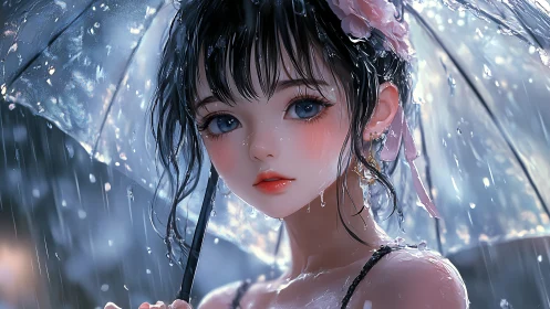 Anime rain portrait under translucent umbrella, high-gloss detail.