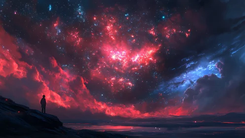 Solitary figure under erupting crimson cosmic storm.