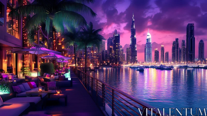 Neon Dubai marina skyline under vibrant twilight glow.