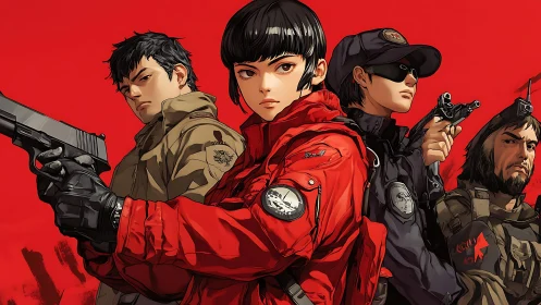 Armed tactical anime squad in red and black uniforms posed.