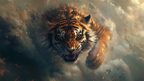 Roaring tiger bursting through swirling storm clouds.