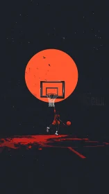 Basketball player silhouettes against oversized solar backdrop
