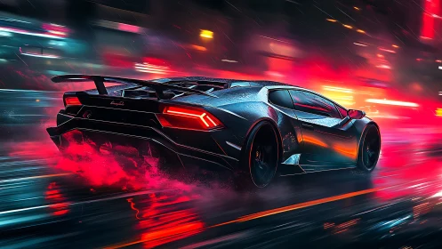Midnight supercar sprint through neon rain-soaked streets.