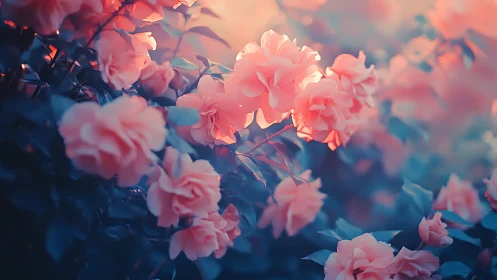 Illuminated Pink Roses with Warm Golden Hour Backlit Glow