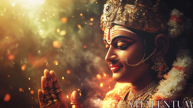 Photorealistic deity sculpture in warm ceremonial bokeh glow