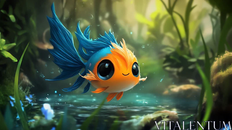 Cute fantasy goldfish swims through a glowing forest pond