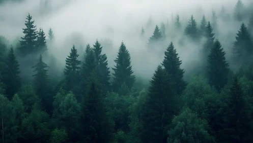 Coniferous forest landscape with atmospheric mist and fog layering