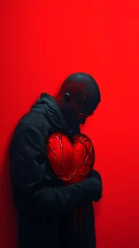 Cracked red heart held close against a blazing backdrop.