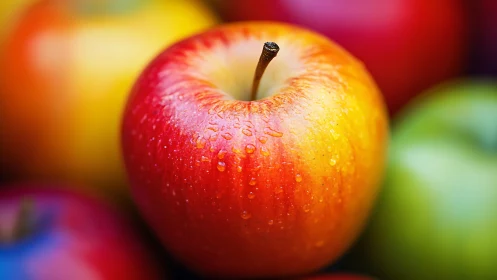 Close-up image shows red-yellow apple with surface moisture