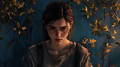 Brooding girl portrait against teal wall with climbing vines.