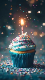 Birthday Cupcake with Lit Candle and Colorful Sprinkles