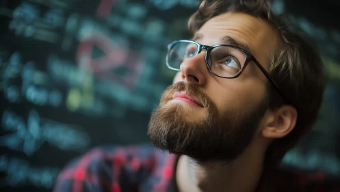 Thoughtful bearded man in glasses in front of chalkboard.