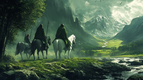 Cloaked riders gaze toward a misty emerald mountain valley.