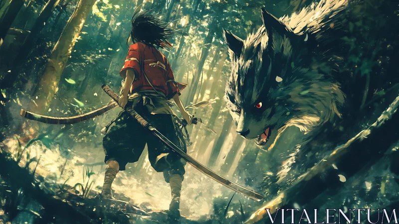 Samurai stands in forest facing large spectral wolf calmly