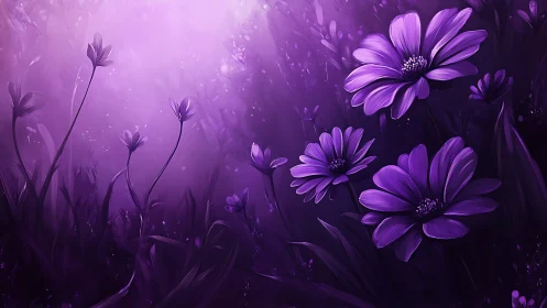Purple Daisies Dance in Luminous Twilight Magic.