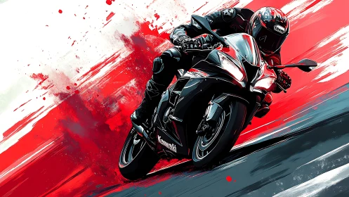 Sportbike racer slashing through red abstract speedscape.