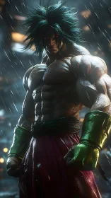 Hyper-real muscular warrior in rain with glowing gauntlets