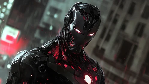Cybernetic armored warrior in neon city downpour.