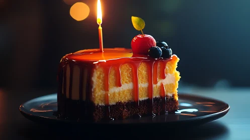 Illuminated Layered Birthday Cake with Red Glaze, Lit Candle, and Fresh Berries.