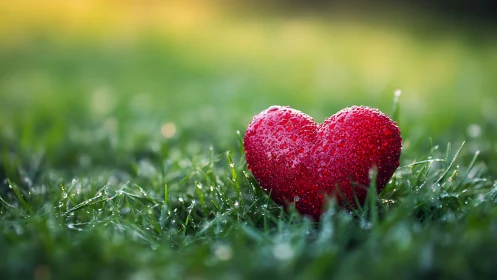 Red glitter heart rests on frost-kissed grass.