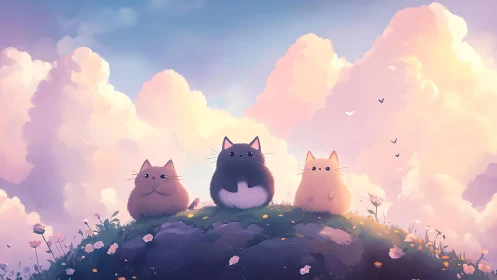 Three Cats on Hillside Amid Clouds at Sunset