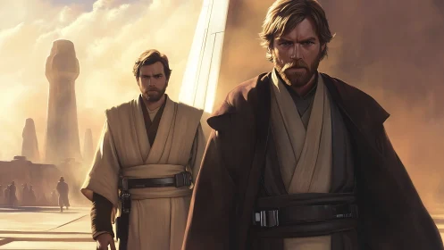 Twin robed warriors in desert cityscape under diffuse light