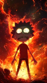 Cartoon boy erupts within blazing cosmic lava storm.