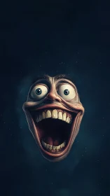 Grotesque floating head stretches manic grin in darkness