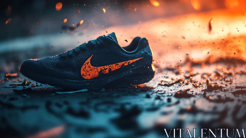 Lava-lit running shoe ignites grit on a stormy neon track.