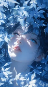 Blue-lit forest muse bathed in ethereal leaf shadows.