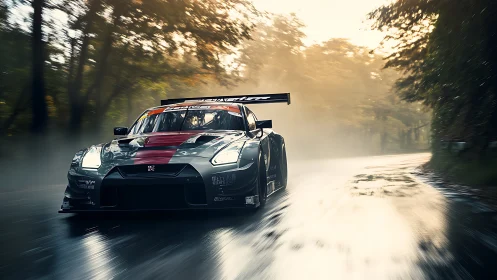 Race car on wet forest road under diffuse morning light.