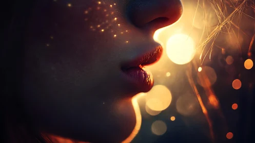 Macro close-up of illuminated lips with warm bokeh orbs