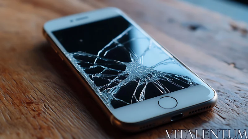 Spiderweb cracked smartphone screen on rustic wooden desk.