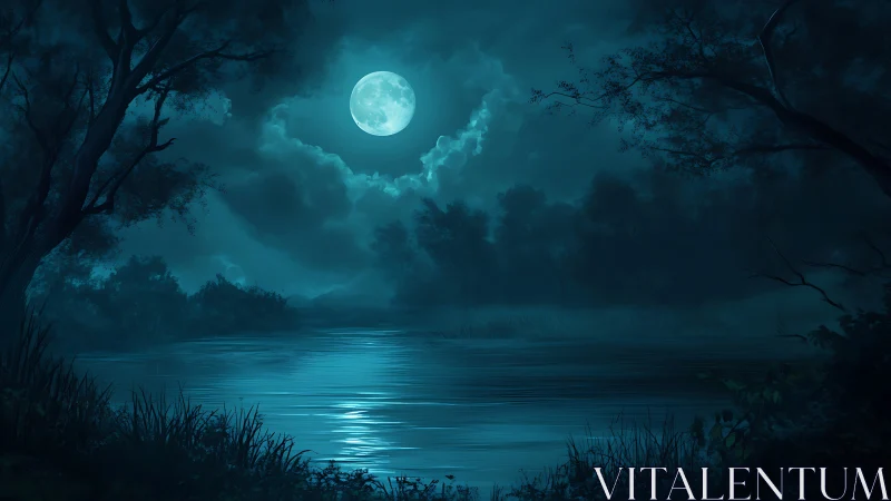 Full moon over calm forest lake in deep blue night.