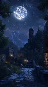 Moon-bathed citadel listens quietly to the glittering night sky