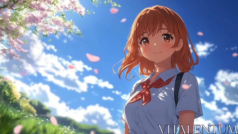 Anime schoolgirl under cherry blossoms in high-key sunlight